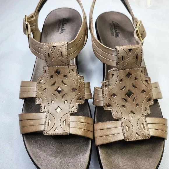 Clarks Leather Sandal Laser Cut Ankle Buckle Strap Bronze Size 11 Wedge Heel - Picture 2 of 8
